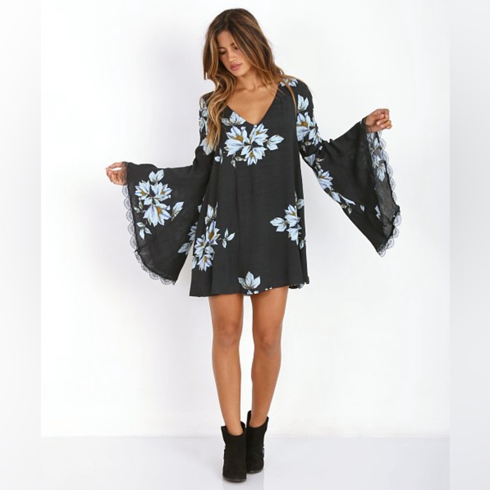 Free People Black Mini Dress with Pale Blue Floral